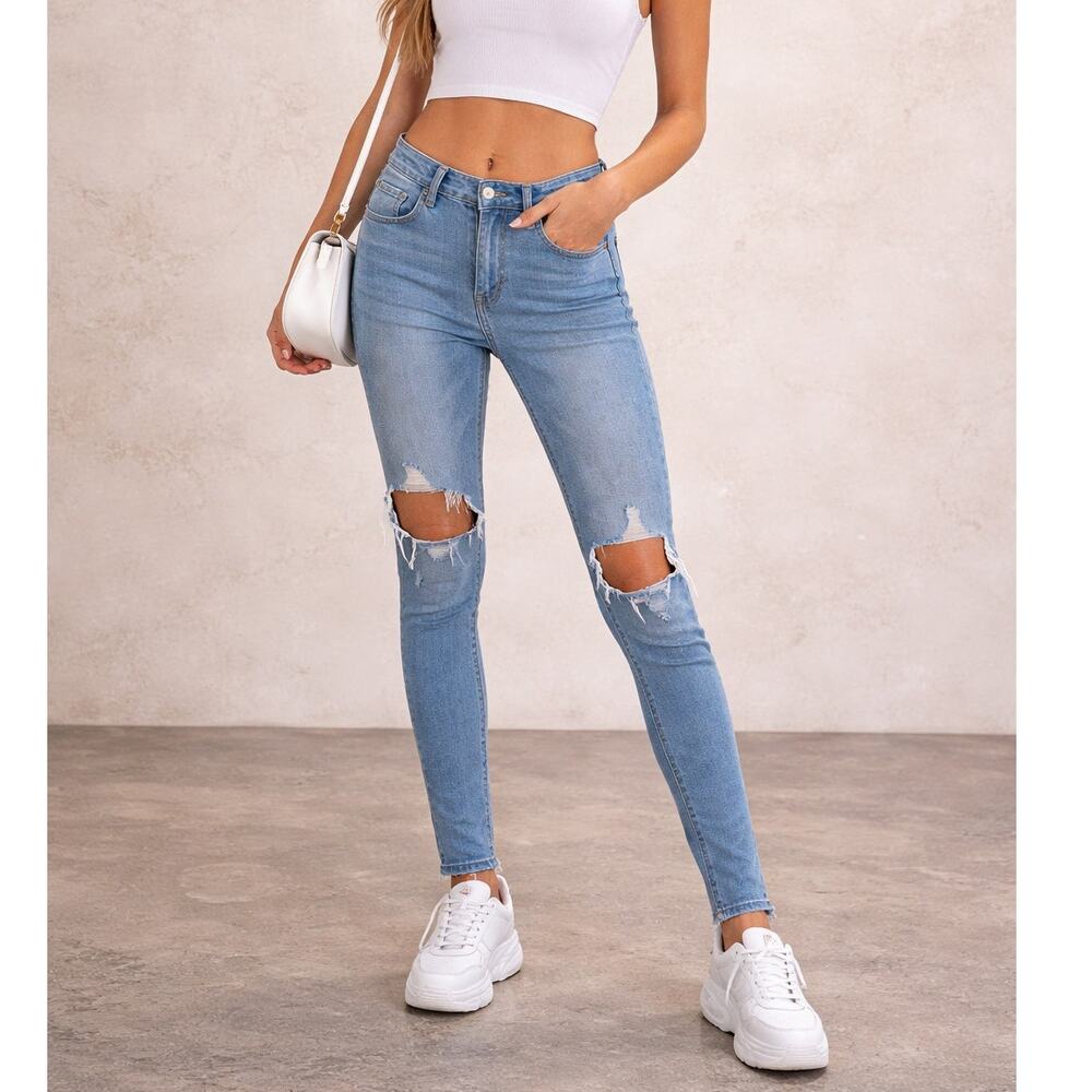 Levis 721 High Rise Skinny Jeans Blue Distressed Stretch Denim Womens Size 26
